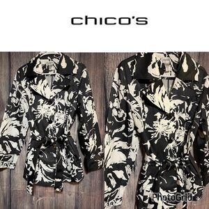 Chico's Women's Black White Floral Belted Jacket Collared Button Plus Size 3